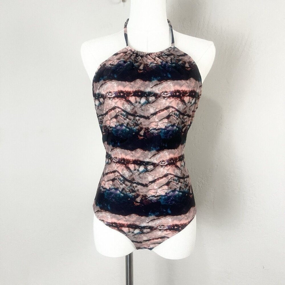 Beach‎ Riot Swimsuit Halter One Piece Pink Marble Open Back Made in USA Sz Small